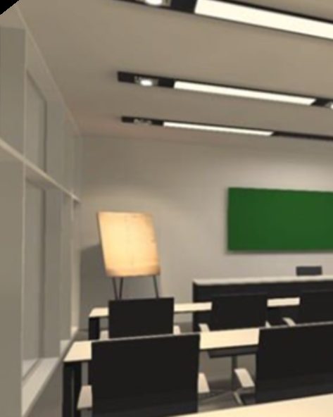 DIALux evo lighting render of a classroom