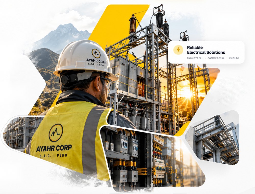 AYAHR CORP engineer in hard hat and safety vest in front of a substation in the Andes